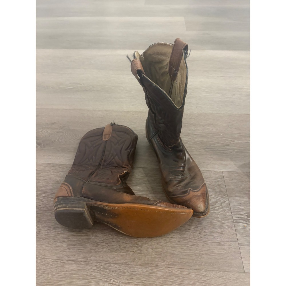 Vintage Mens Brown Leather Cowboy Western Boots Lizard Print Trim Pointed Toe 8